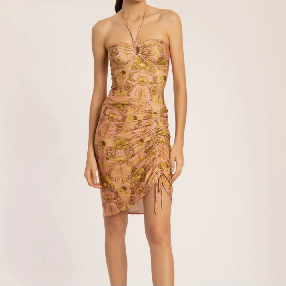 ADRIANA DEGREAS seashell frilled midi dress in pink- size medium